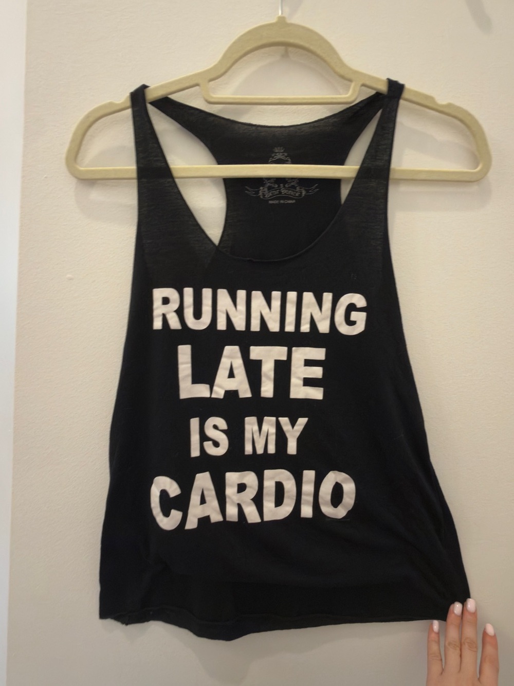Bear Dance Black Tank Top “Running late is my cardio” workout shirt